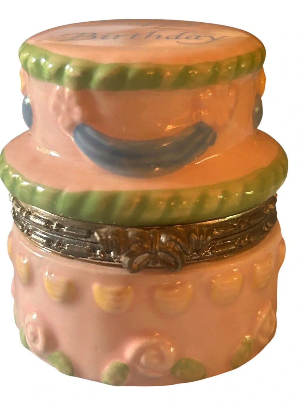 Pink Ceramic Birthday Cake Trinket/Pill Box with Green Trim